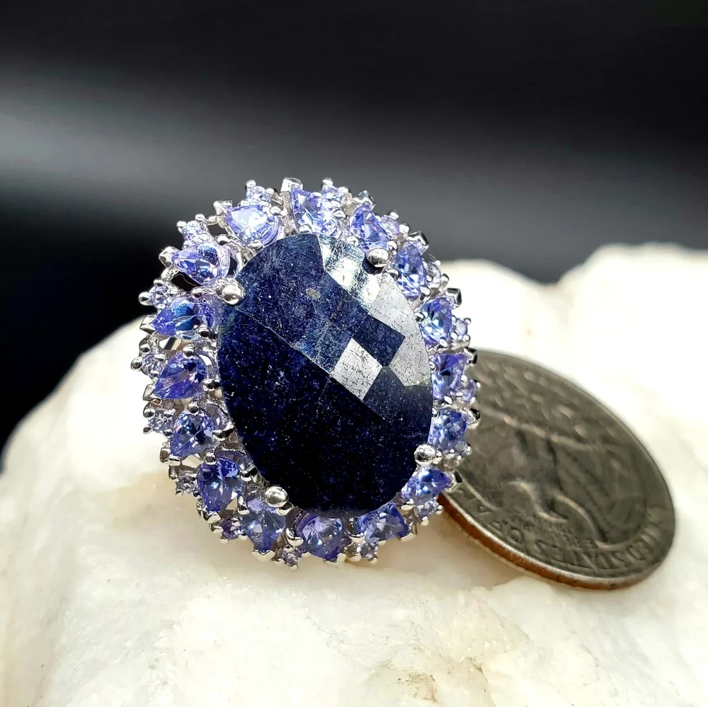 Sterling Silver 925 Designe Ring Raw Blue Sapphire Natural Tanzanite Gemstone